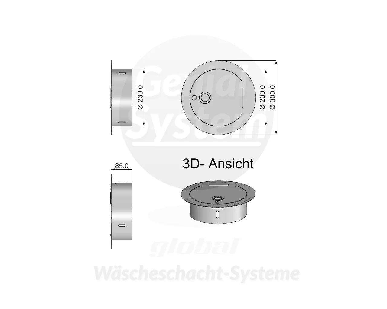 Wäscheabwurf Einwurftüre für Rohr-Ø 250 mm, Anschluss rund, Edelstahl V2A gebürstet - Rund-Rund