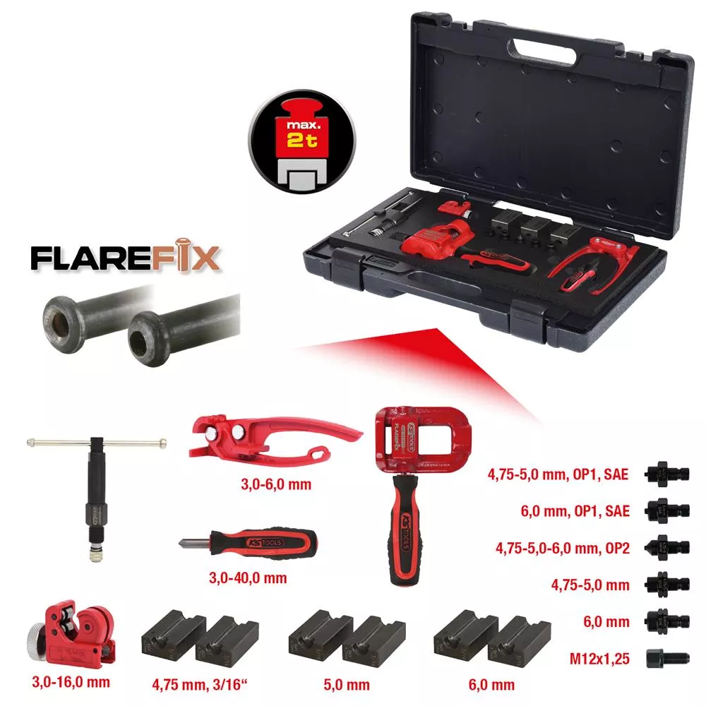 KS Tools FLAREFIX 1 Universal-Bremsleitungs-Bördelgerät-Satz mit Hydraulik-Spindel, 16-tlg